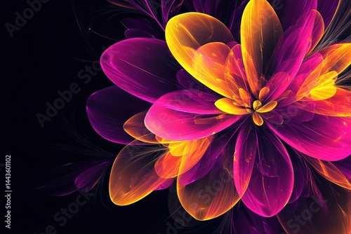 Dynamic abstract flowers in bright magenta and yellow tones, forming elegant minimalist patterns on a dark black background.