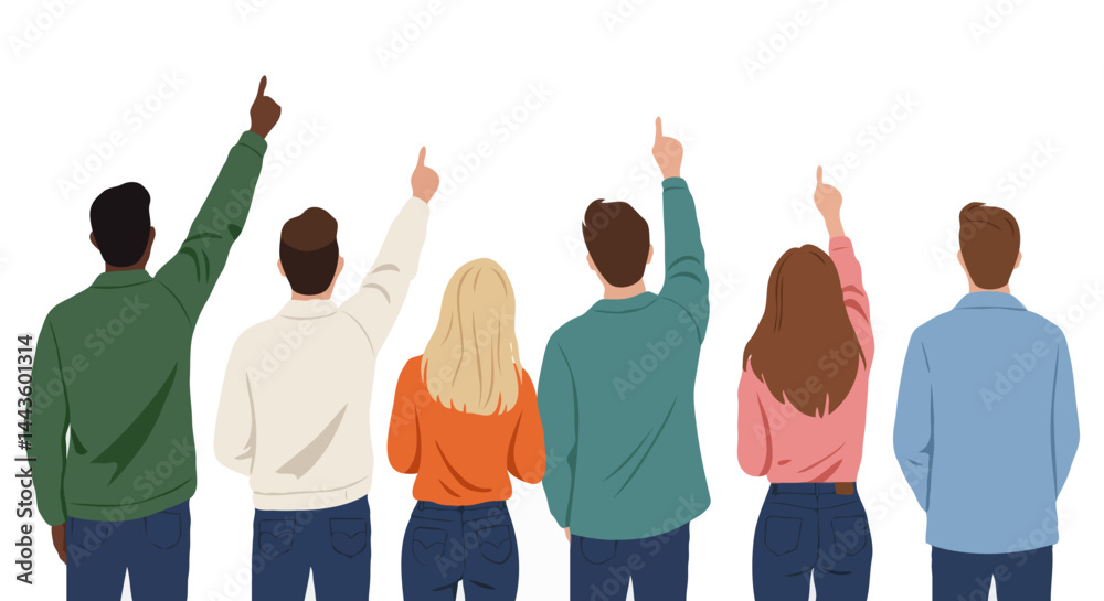 Fototapeta premium Diverse Group of People Pointing Upwards – Unity and Teamwork in Contemporary Flat Illustration