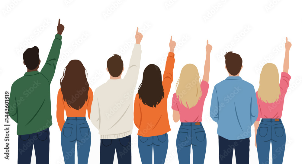 Fototapeta premium Diverse Group of People Pointing Upwards – Unity and Teamwork in Contemporary Flat Illustration