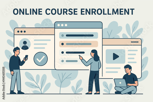 Online course enrollment. Vector illustration of students registering on educational platforms, browsing subjects, and selecting video lessons