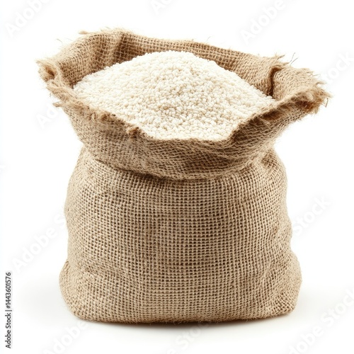 A brown burlap sack of wheat, isolated on white, shows the natural texture of raw grain
