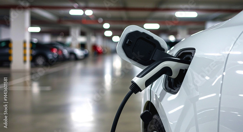 Electric car is charging at charging station in parking lot. White electric car is plugged into charging station in parking garage
