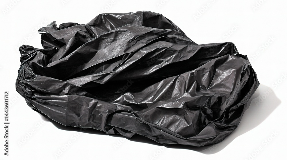 Crumpled Black Plastic Bag on White Background with Texture Details Crumpled Black Plastic Bag on White Background with Texture Details