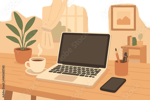Freelance workspace with laptop, coffee cup, smartphone, and minimal desk setup in cozy home interior. Vector illustration