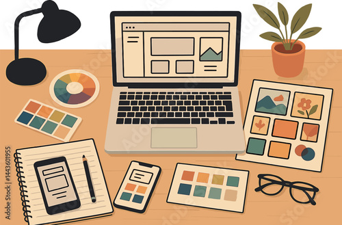 Freelance designer workspace with color palettes, UI mockups, and creative moodboards. Vector illustration