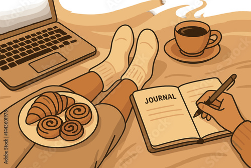 Freelancer coffee break with pastries, cozy socks, warm lighting, and journaling moment. Vector illustration