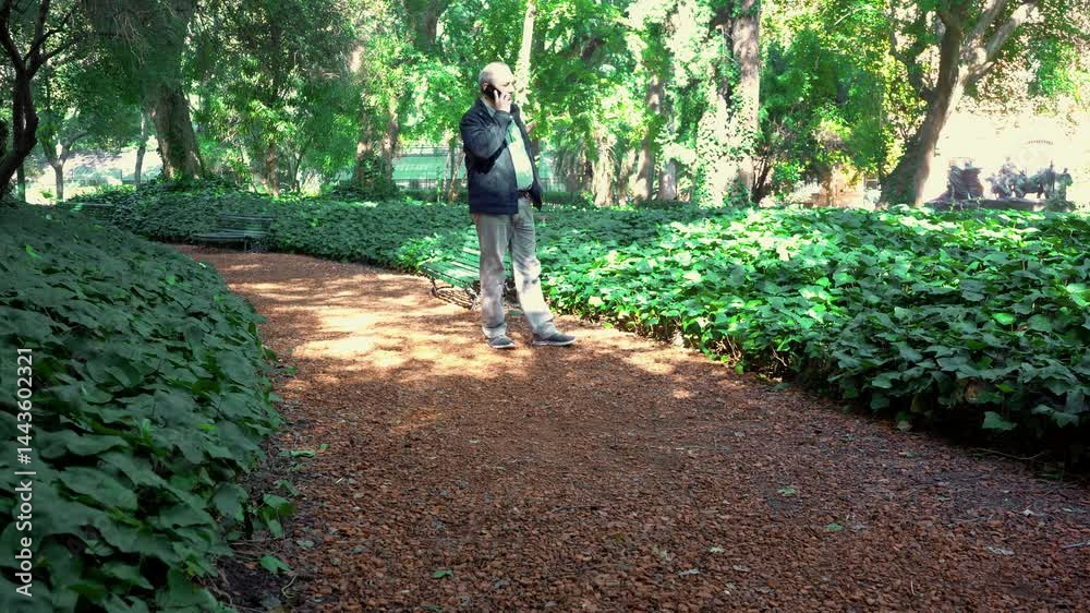 Businessman walking and talking on phone in park Businessman walking and talking on phone in park