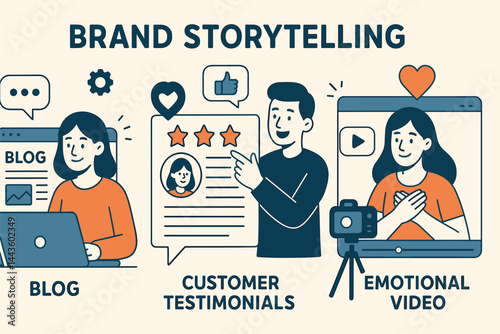 Vector illustration of brand storytelling through blogs, customer testimonials, and emotional video content creation