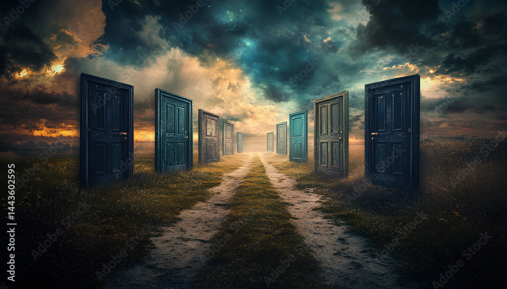 A series of doors each leading to a different path representing the many choices and decisions that shape our existence