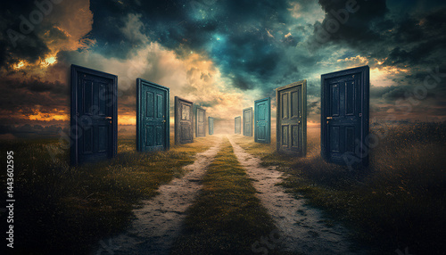 Obraz na płótnie A series of doors each leading to a different path representing the many choices and decisions that shape our existence w salonie