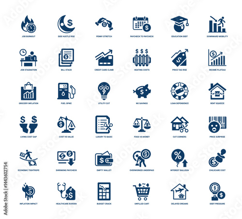 financial struggles economic hardships rising costs collection dark blue icons, spike inflation cut Grocery No Fuel savings Utility