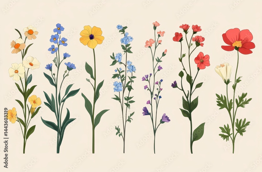 Vibrant collection of wild spring flowers and leaves in flat vector style on a soft pastel background Vibrant collection of wild spring flowers and leaves in flat vector style on a soft pastel background
