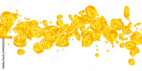Japanese yen coins falling. Scattered gold JPY