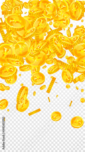Japanese yen coins falling. Scattered gold JPY