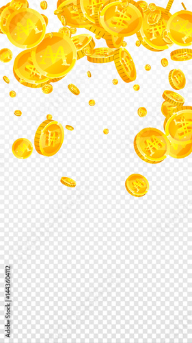 Korean won coins falling. Scattered gold WON