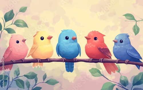 Five Colorful Birds on a Branch