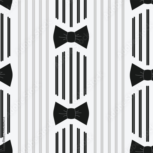 Black Bows and Vertical Silver Gray Stripes on a White background creating a seamless pattern print background