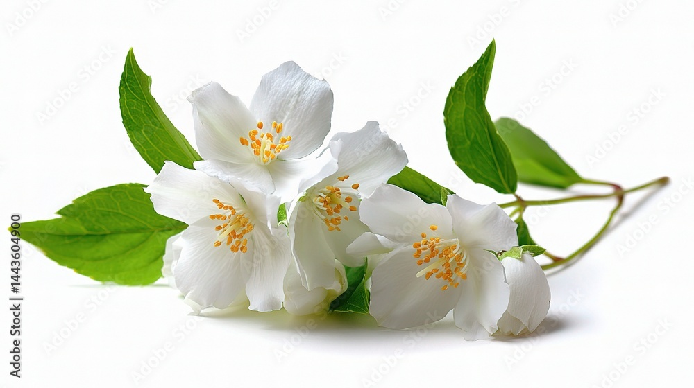 Delicate White Jasmine Flowers with Green Leaves on White Background Delicate White Jasmine Flowers with Green Leaves on White Background