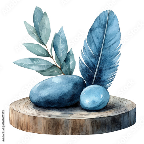 watercolor of Scale With Feather And Stone, vector, isolated on a white background.