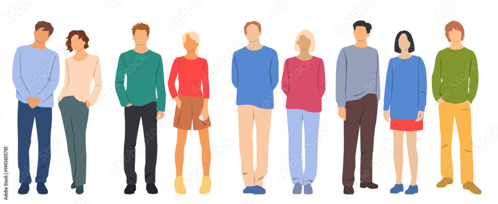 Group of young men and women, profile, different colors, cartoon character, silhouettes of stand business people, students, design concept of flat icon, isolated on white background