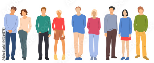 Obraz na płótnie Group of young men and women, profile, different colors, cartoon character, silhouettes of stand business people, students, design concept of flat icon, isolated on white background w salonie
