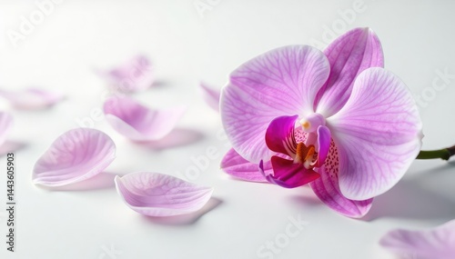 Exquisite orchid petals on a crisp white surface, exotic bloom, white, clean