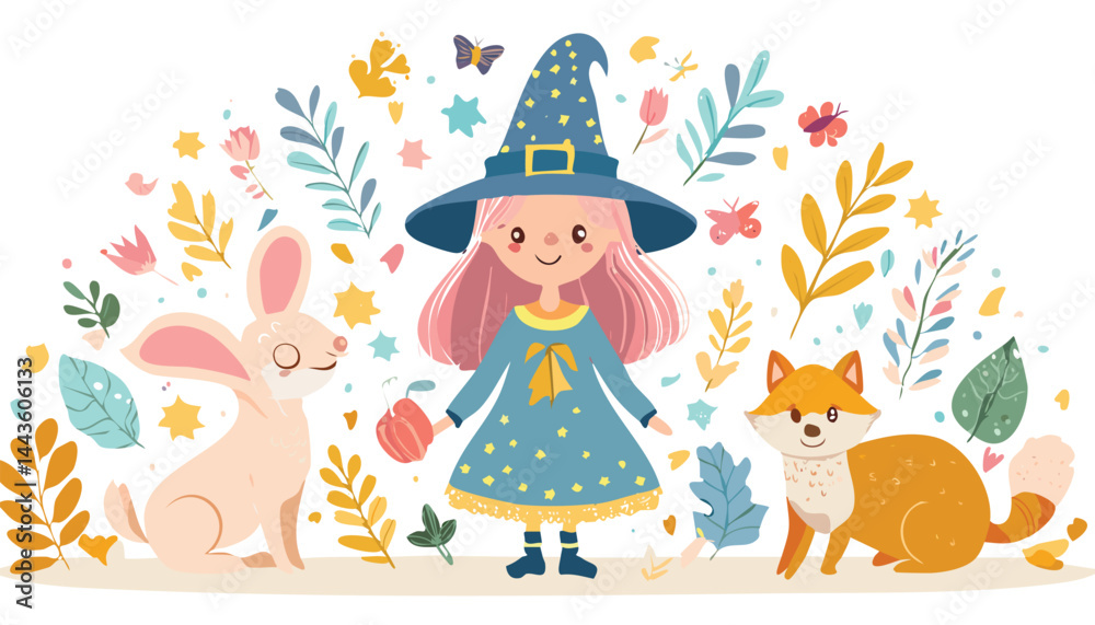 Obraz premium whimsical Ostara witchy style cute cartoon illustration Ostara cartoon pastel happiness mood; for book cover, quote, calendar