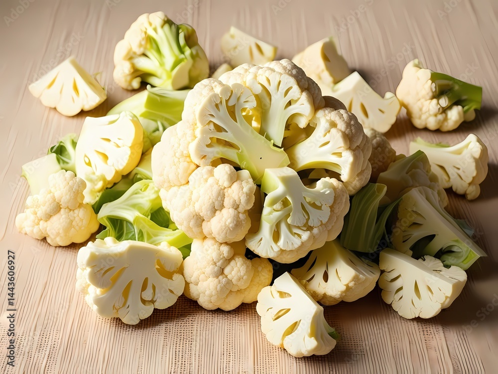 Fresh cauliflower florets and chopped pieces arranged on wooden surface