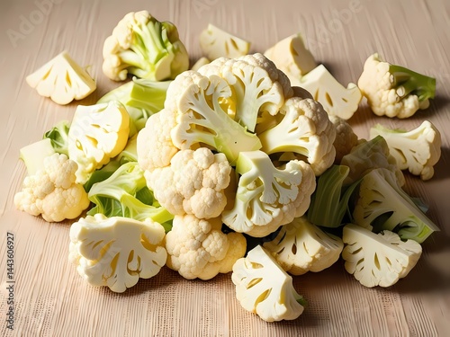 Obraz na płótnie Fresh cauliflower florets and chopped pieces arranged on wooden surface w salonie