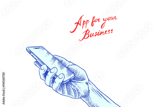Hand holding mobile smart phone with blank screen. Vector clipart illustration. Line and Ink sketch. Hand drawn Vintage style. 