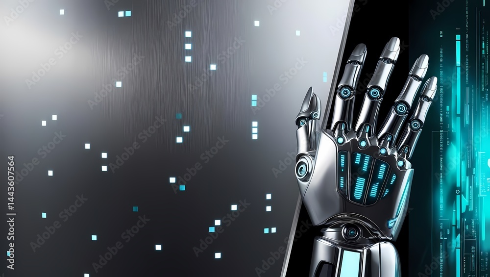 Futuristic robotic hand reaching towards a digital interface with glowing elements