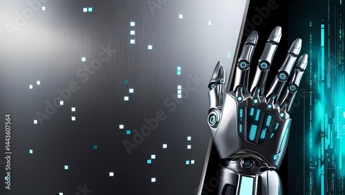 Obraz na płótnie Futuristic robotic hand reaching towards a digital interface with glowing elements w salonie
