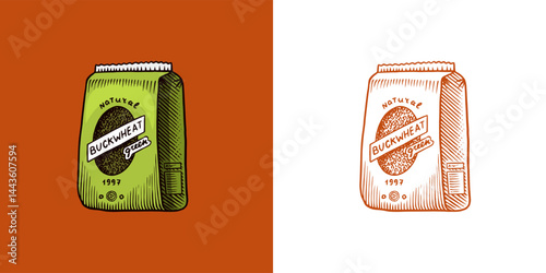 Buckwheat package. Engraved, hand drawn and buckwheat groats. Grass cereal crops outline icon set vector illustration. Ink and clipart style. Line hand drawing agriculture.