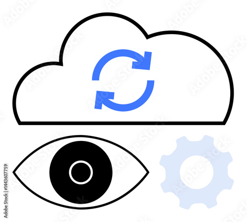 Cloud with sync arrows, bold eye, and gear image symbolizing data synchronization, accessibility, and management. Ideal for cloud computing, technology, settings, monitoring storage accessibility