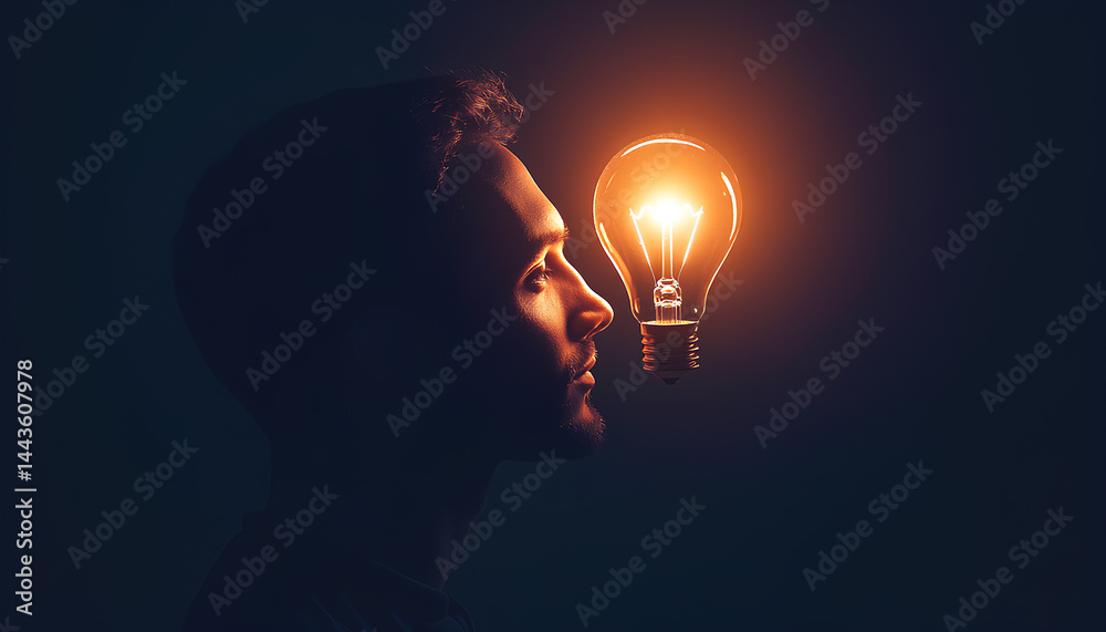 Creative thinking ideas and innovation concept. Logical idea concept. Silhouette of a man with a light bulb in his brain. Silhouette of a man with a light bulb in his brain on a dark background