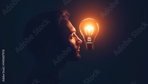 Obraz na płótnie Creative thinking ideas and innovation concept. Logical idea concept. Silhouette of a man with a light bulb in his brain. Silhouette of a man with a light bulb in his brain on a dark background w salonie