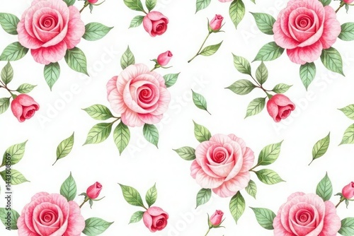 Delicate watercolor roses & leaves, repeating pattern, seamless, nature