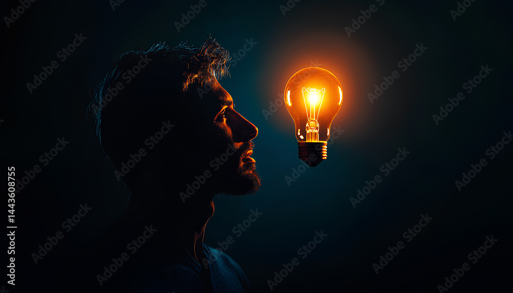 Creative thinking ideas and innovation concept. Logical idea concept. Silhouette of a man with a light bulb in his brain. Silhouette of a man with a light bulb in his brain on a dark background