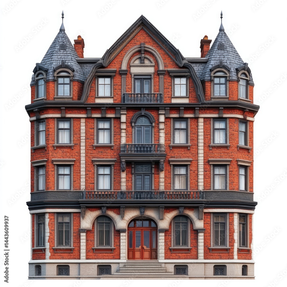 Fototapeta premium Classic Red Brick Building Facade with Mansard Roof and Turrets