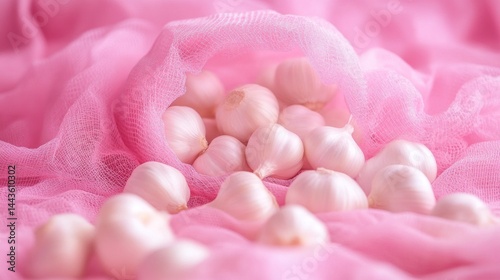 Fresh garlic bulbs nestled in soft pink fabric. A delicate and alluring still life.