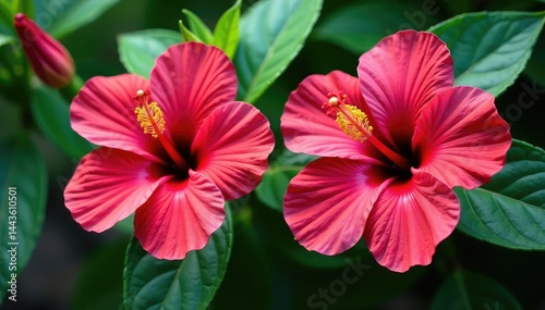 Bold hibiscus blooms, vibrant tropical design, green foliage, summer, bright pattern, tropical pattern