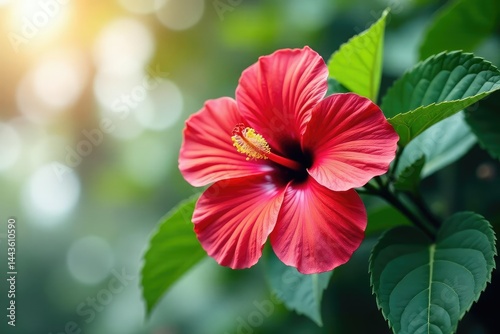 Bold blooming hibiscus, vibrant tropical leaves, continuous print , summer, flowers