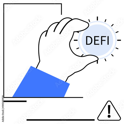 Hand holding a glowing DeFi token next to a warning symbol, representing potential risks and opportunities in decentralized finance. Ideal for cryptocurrency, blockchain, investment, fintech risks