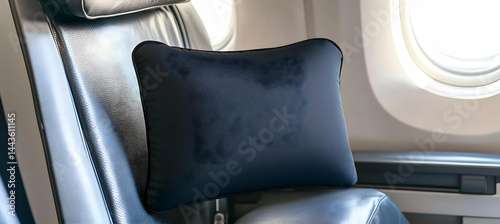 A blank black travel pillow placed on an airplane seat. The side is empty for branding. Soft, ergonomic, high-quality. 