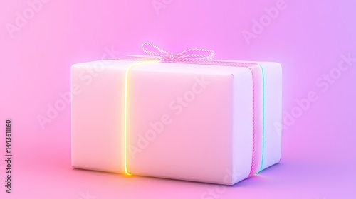 Floating White Gift Box with Glowing Neon Lines on Pink Background photo
