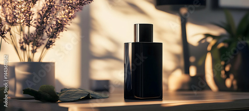 A blank black travel-sized perfume bottle standing on a dresser. The side is empty for branding. Compact, stylish, high-quality. 