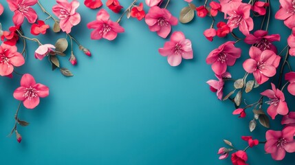 Pink flowers arranged on teal background forming a frame.