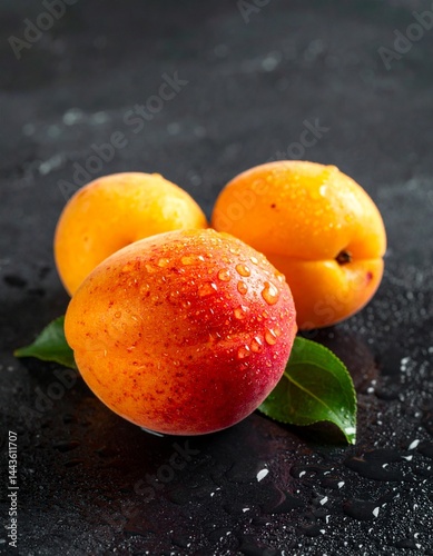 Fresh, ripe apricots with glistening water drops arranged on a dark background. The vibrant orange color and juicy texture create a rich, appetizing look, highlighting the natural freshness of the fru