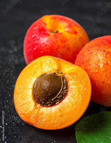 Fresh, ripe apricots with glistening water drops arranged on a dark background. The vibrant orange color and juicy texture create a rich, appetizing look, highlighting the natural freshness of the fru