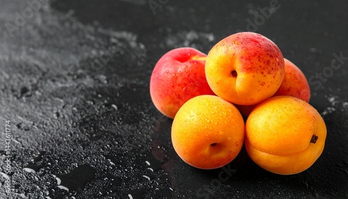 Fresh, ripe apricots with glistening water drops arranged on a dark background. The vibrant orange color and juicy texture create a rich, appetizing look, highlighting the natural freshness of the fru